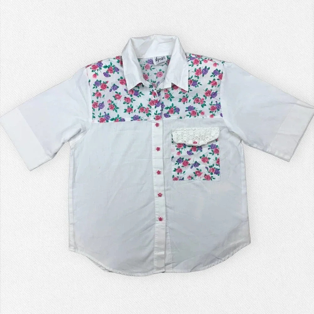 Vintage 90's Western Floral Button Up Short Sleeve Top Pink Purple White Small